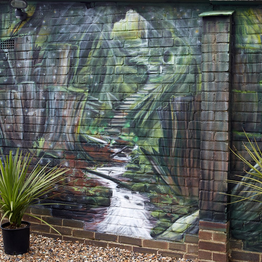 Maak je tuin groter door een muur schildering in een natuurlijke tint te laten uitvoeren